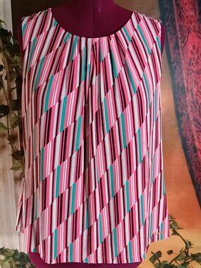 NWOT Calvin Klein Sz 1X Pink & Green Geo Stripe Pleated Neck Sleeveless Blouse